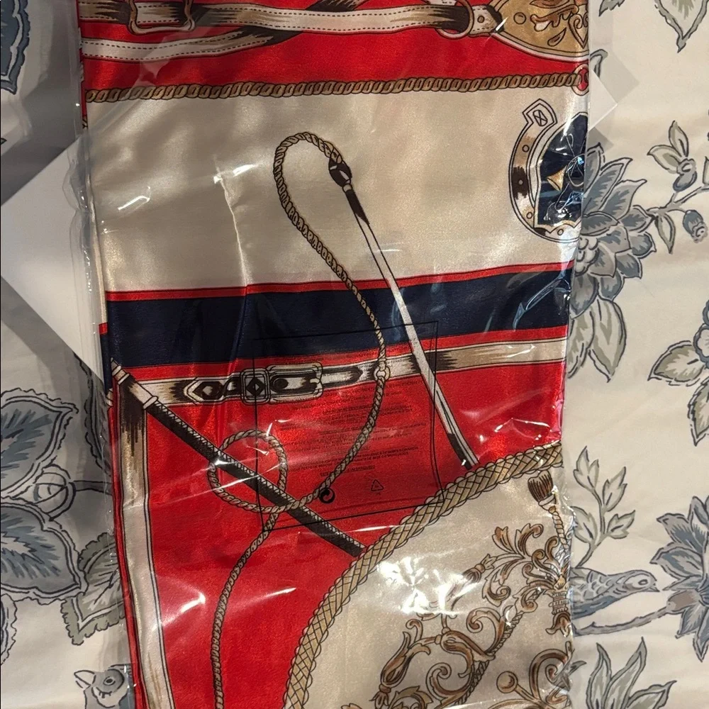 Red & Cream Equestrian Print Scarf – 35” x 35” – New in Packaging + Gift Box